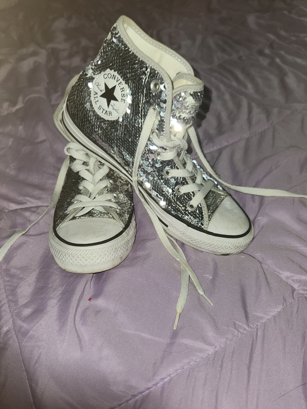 Converse High-Top  Chuck Taylors Sequined Silver Sneakers 6.5